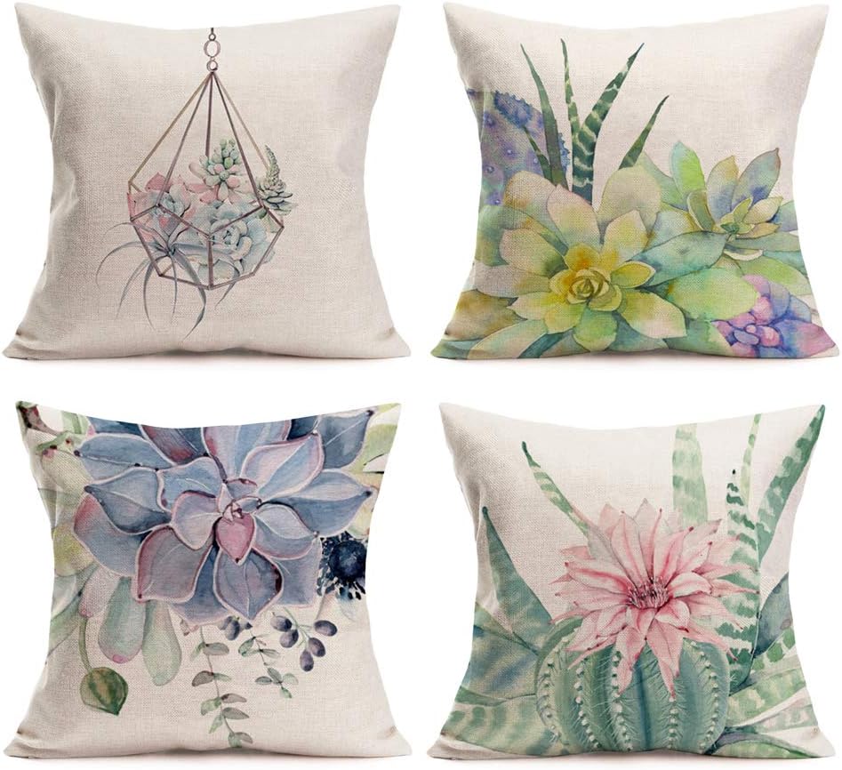 Aremazing Summer Style Colorful Succulents Plants Cactus Prickly Pear Home Décor Pillowcase Cotton Linen Throw Pillow Case Cushion Cover 18 x 18 Inches Set of 4,Birthday,Wedding Gift