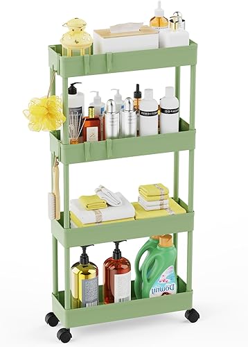 Miniatura 11 de LEHOM Carrito de almacenamiento delgado con ruedas – Organizador de baño de 4 niveles, carrito de utilidad, estantes de almacenamiento deslizantes,