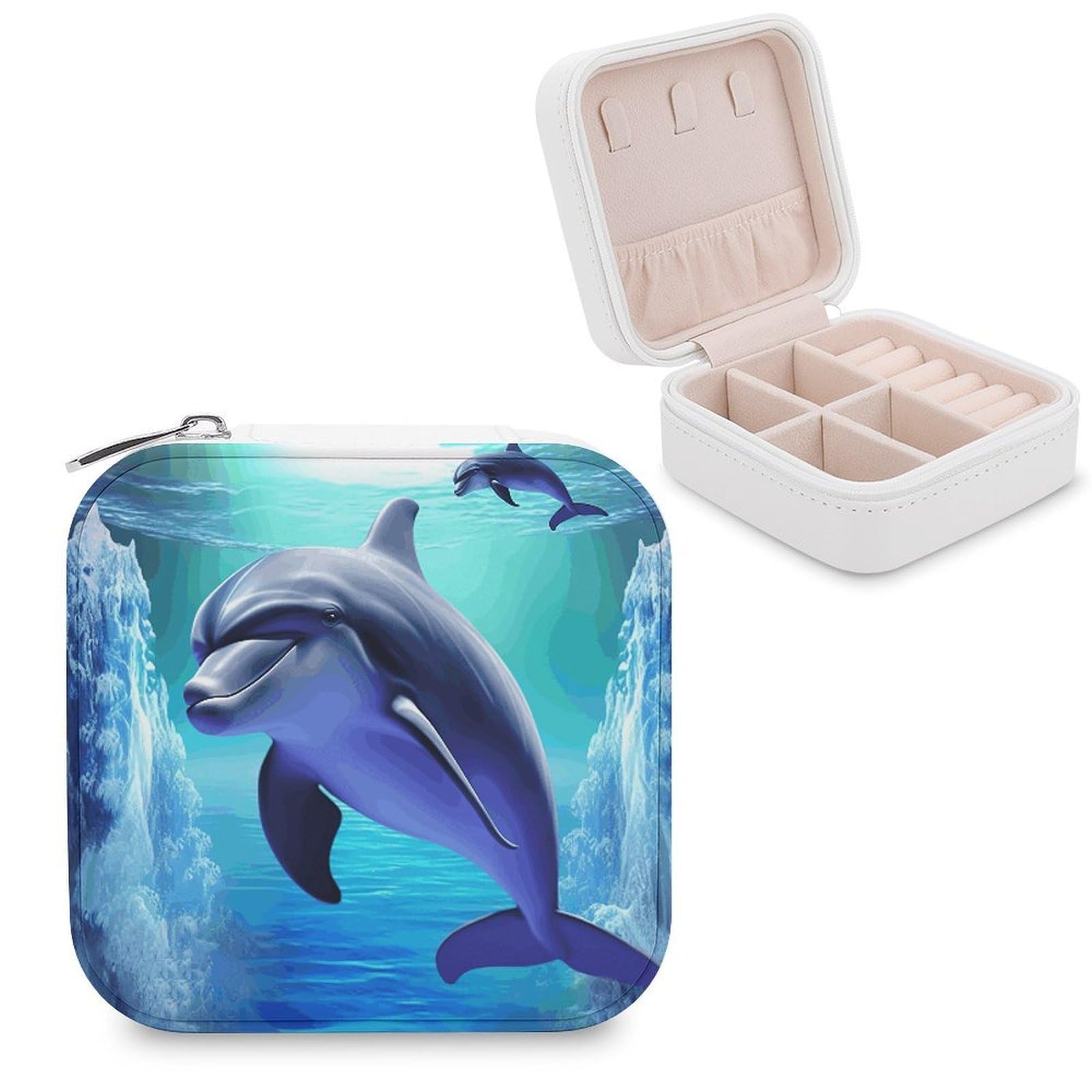 VstaDank Dolphin Jewelry Box Portable Mini Travel Case Display Storage Holder Boxes PU Leather Small Jewelry Organizer for Women for Stud Earrings Rings Necklaces Bracelets