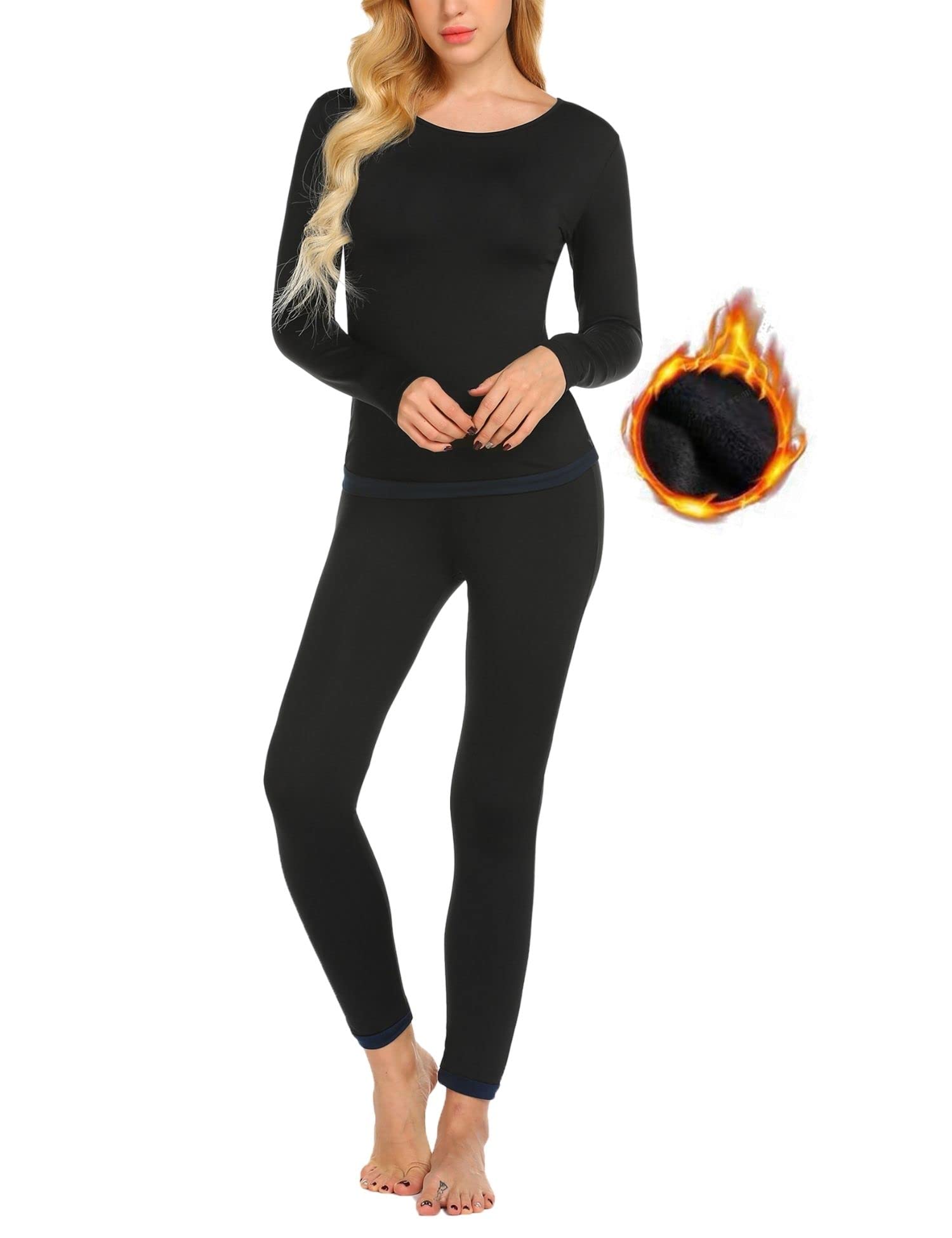 Ekouaer Pyjama thermique pour femme - Intérieur en polaire thermique - 2 pièces - Pour l'hiver