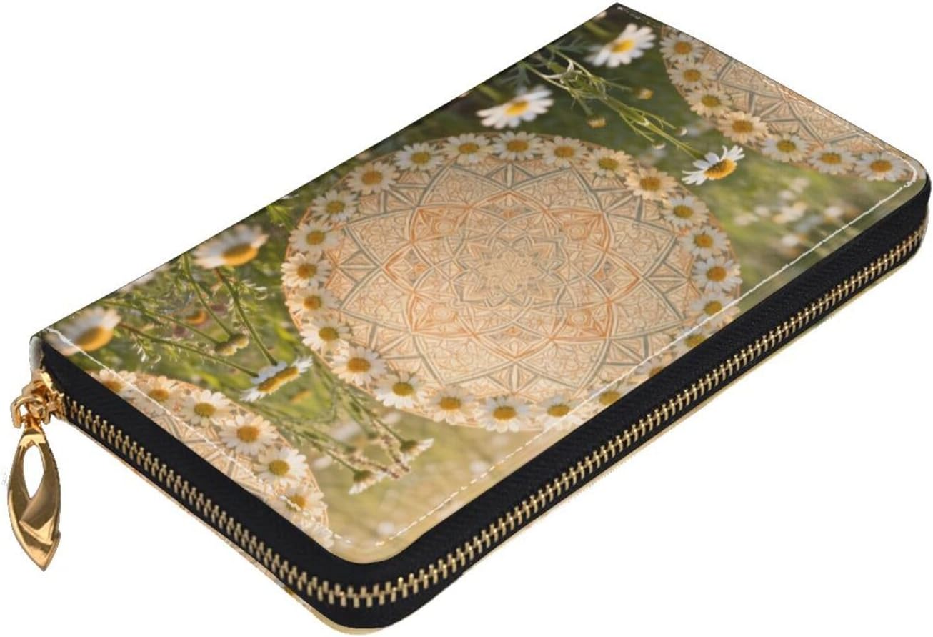 Round Datura flower Long Zip Around Wallet for Women, Large Capacity RFID Leather Wristlet Wallet with 12 Card Slots Coin Purse, Fashion Clutch Purse with Wrist Strap