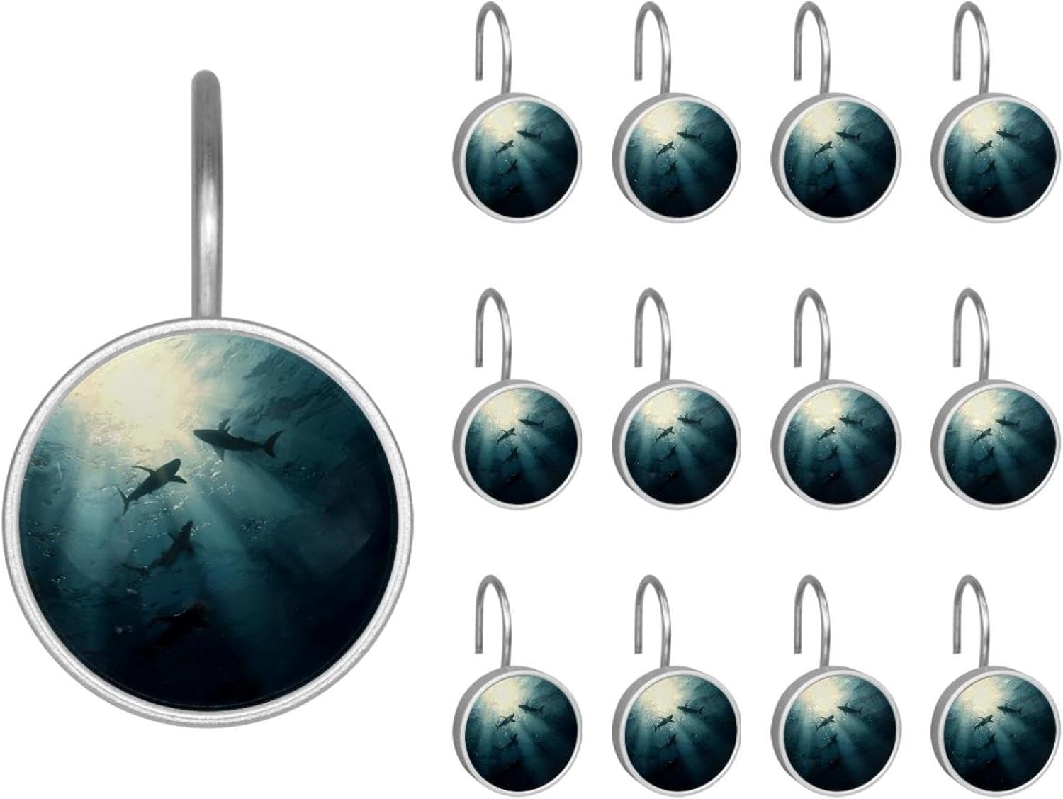 12PCS Sharks Sea Ocean (3) Shower Curtain Hooks Metal Rust Resistant Decorative Shower Curtain Hooks Bathroom Decorations
