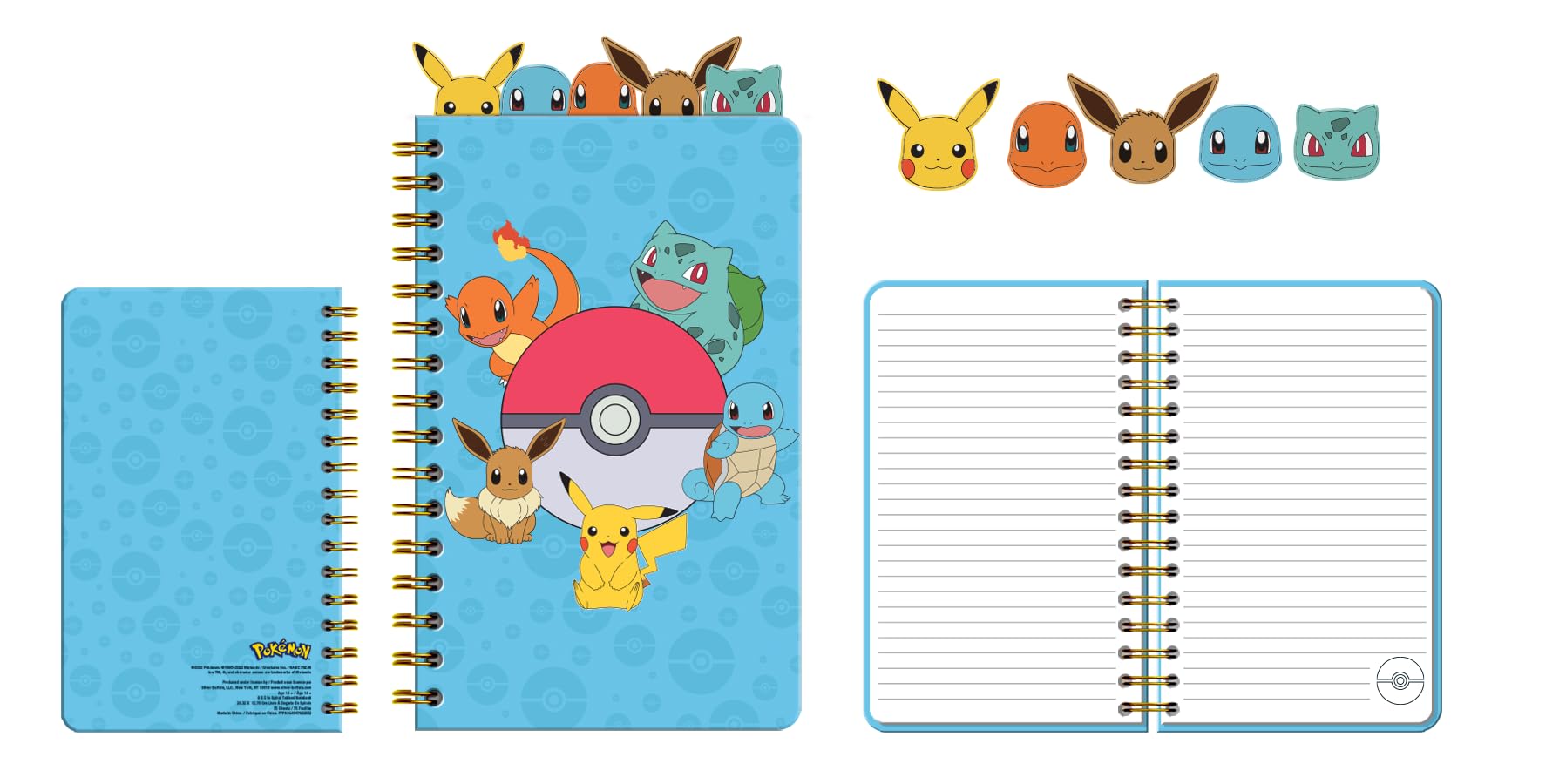 Silver Buffalo Pokémon Spiral Tabbed Notebook Featuring Pokémon, Squirtle, Eevee, Bulbasaur, and Charmander, 8” x 5”