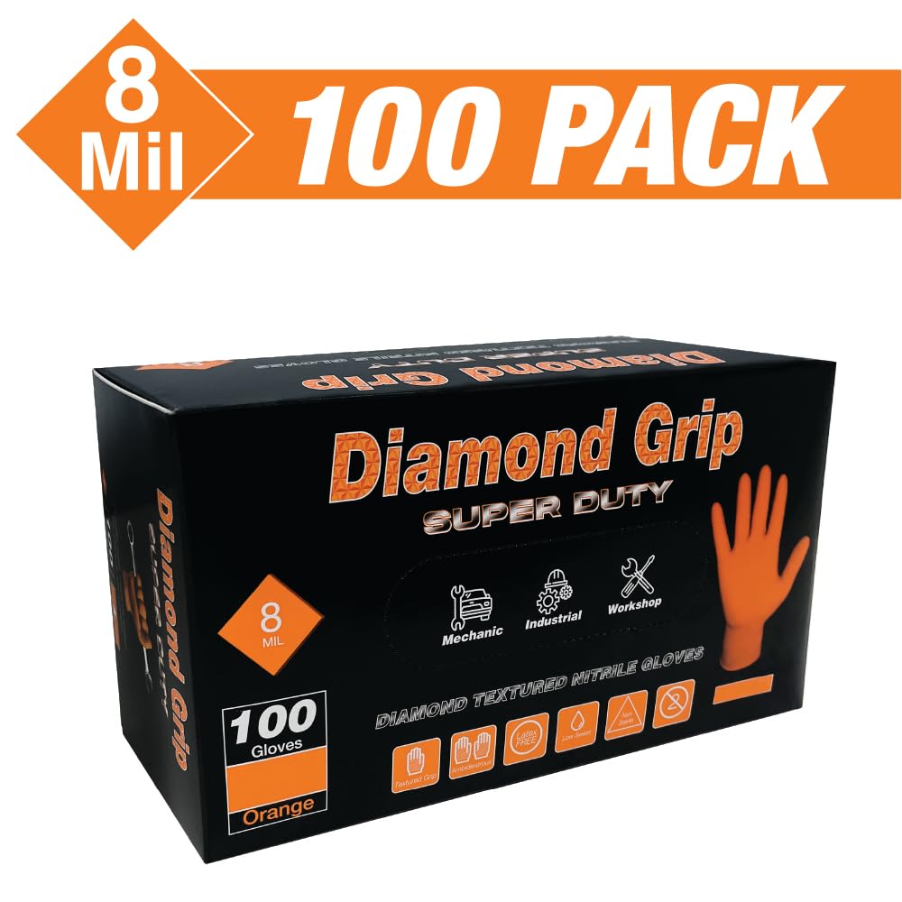 Heavy Duty 8-Mil Industrial Orange Nitrile Gloves with Raised Diamond Texture, X-Large, Latex Free, Powder Free, Pack of 100 (1 Box)
