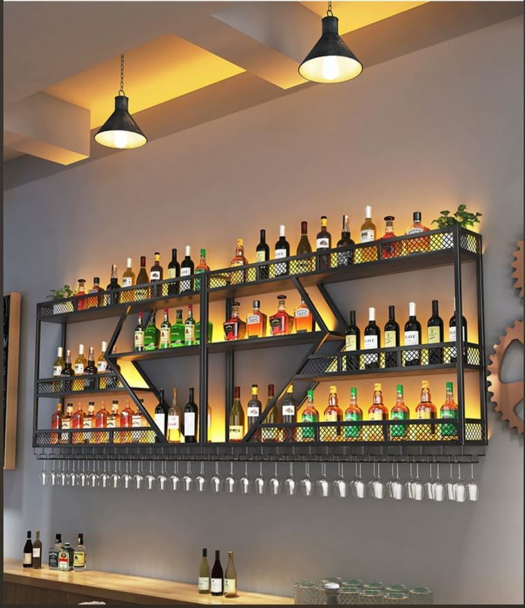 Moderno estante de vino montado en la pared con luz LED, estantes de barra de pared de metal montados en la pared con soporte para vidrio, estante
