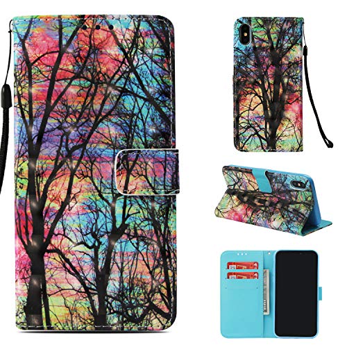 Preisvergleich Produktbild SAVYOU Schutzhülle für iPhone XS, 3D-Muster, PU-Leder, Klappetui, Standfunktion, Magnetverschluss, Kreditkartenschlitz, Bargeldhalter, Schutzhülle und Handschlaufe, 16,5 cm, Baum