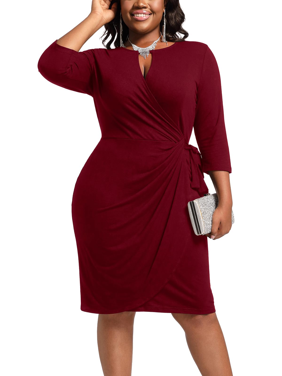 Younrui Plus Size Faux Wrap Bodycon Dress for Curvy Women Keyhole 3/4 Sleeve Sexy Cocktail Midi Wedding Guest Dresses