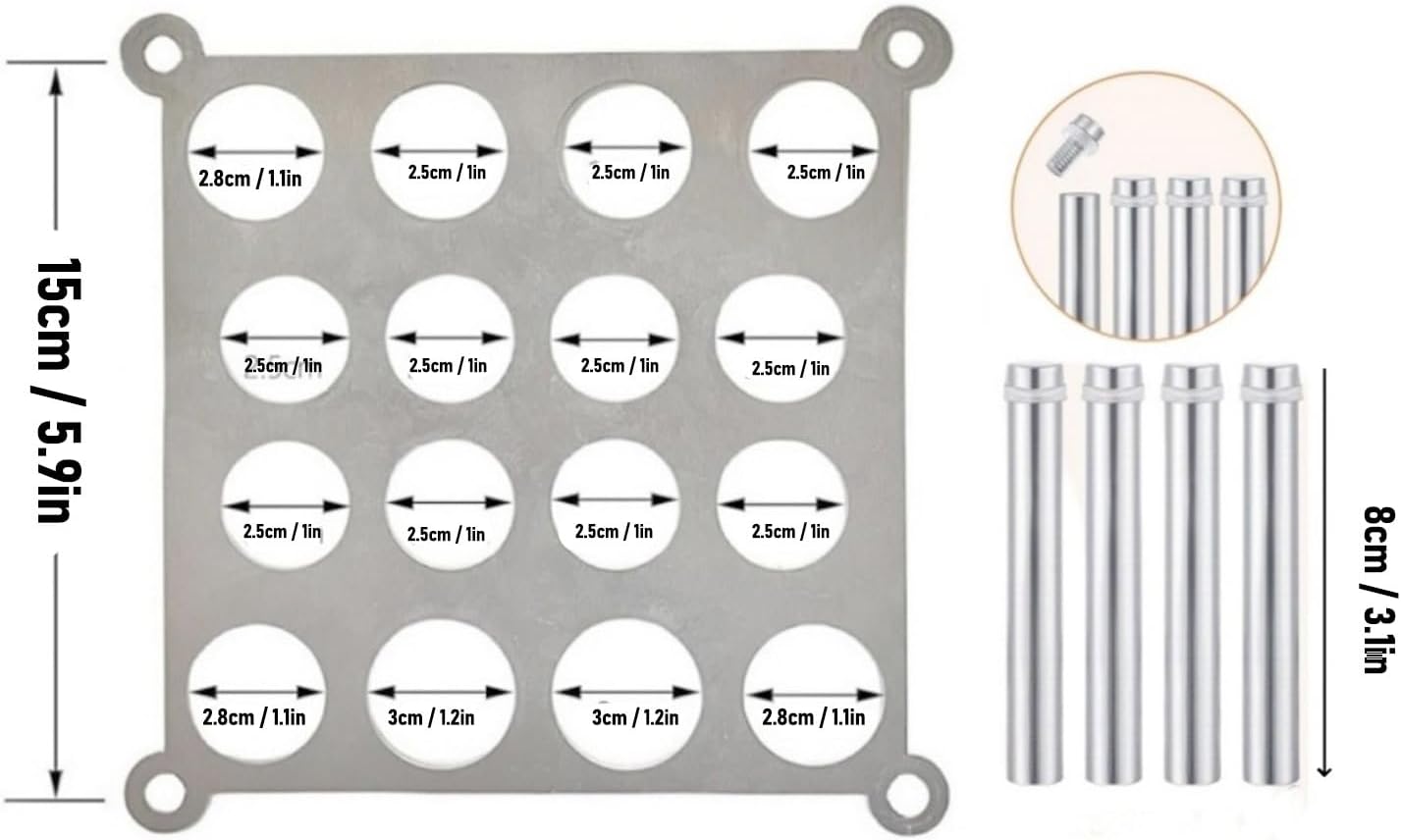 Diagram showing the dimensions of the Fockety Chess Piece Holder panel and legs, including hole diameters.