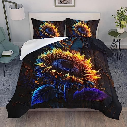 Image of AILONEN Sunflower Kids Comforter Set Queen Size, Yellow Flower Botanical Bedding Set for Boys Girls,Fire Flame Sunflower Duvet Set 3 Pieces, 1 Quilt and 2 Pillowcases