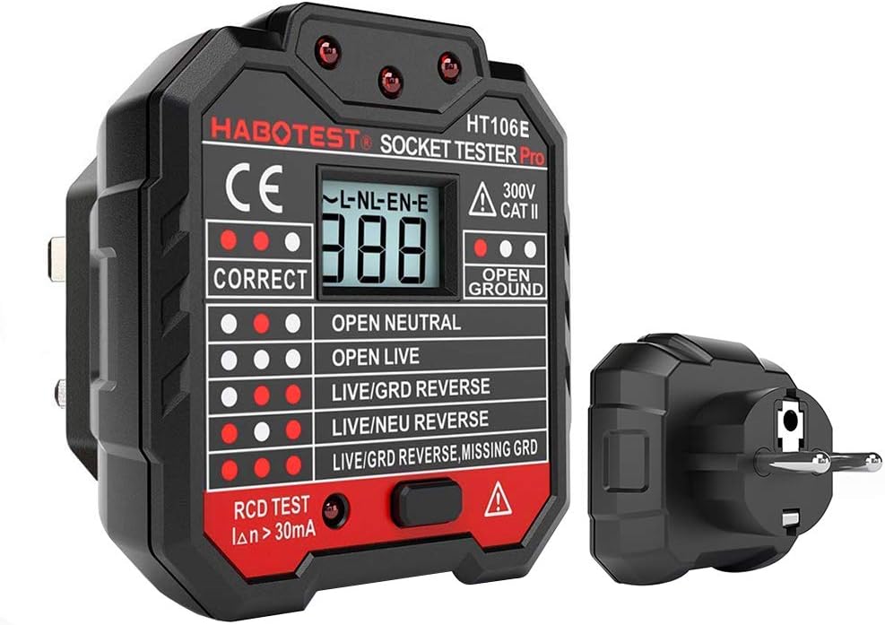 QQDEAL Socket Tester Circuit Tester Precision Digital Display Socket Tester with LCD Display Neutral Live Earth Wire Testing RCD Test (European Plug)