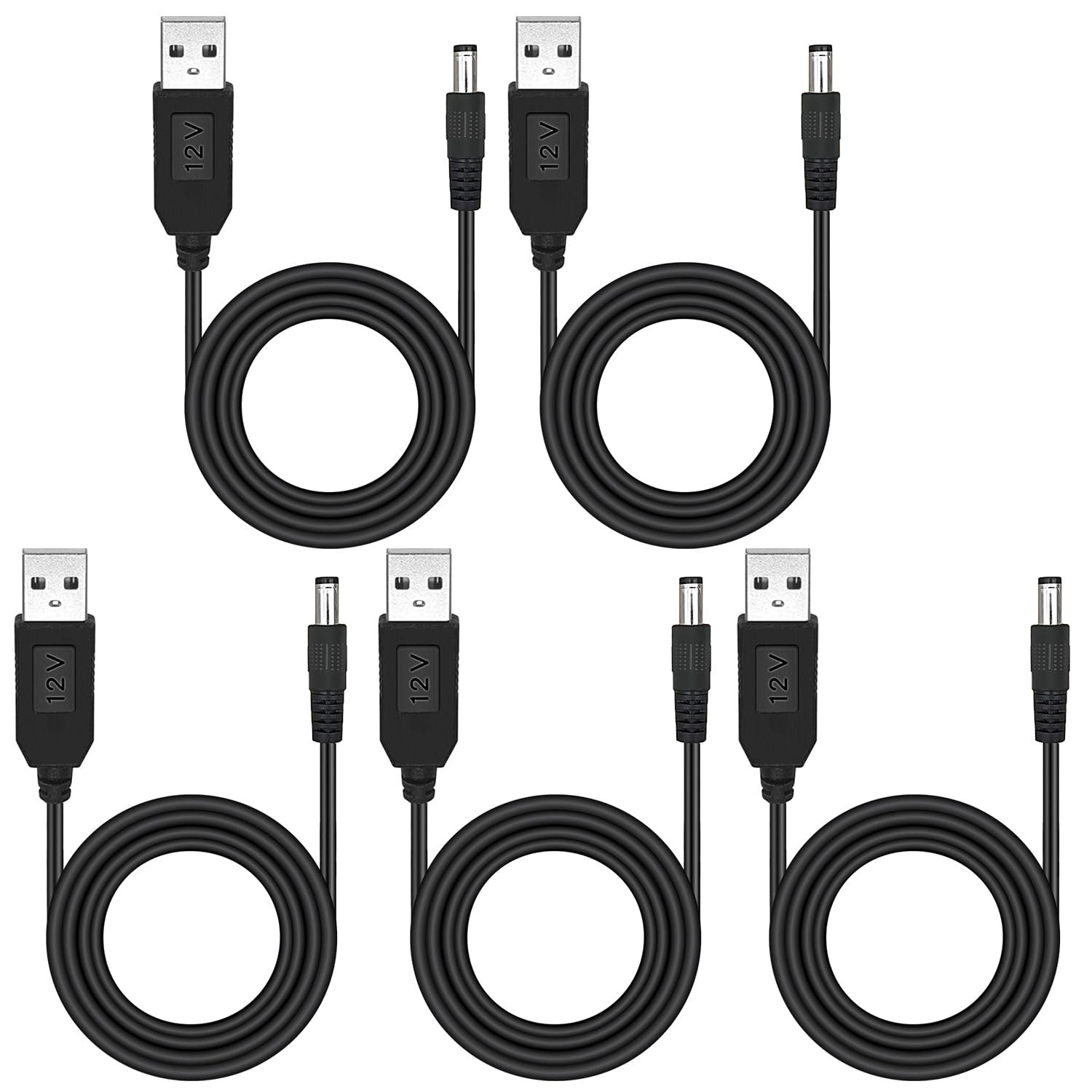 DaFuRuiUSB Power Supply Adapter Cable，5PCS 5V to 12V USB 2.0 A Male to DC 5.5x2.1mm Voltage Step Up Converter Cable with DC Jack 5.5 x 2.1mm -1m