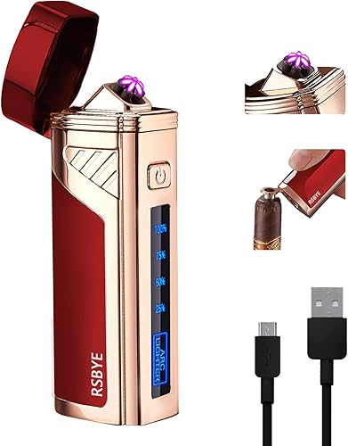 Encendedor de plasma eléctrico sin llama de triple arco - Abridor USB 2 en 1 recargable con indicador digital de batería (rojo)