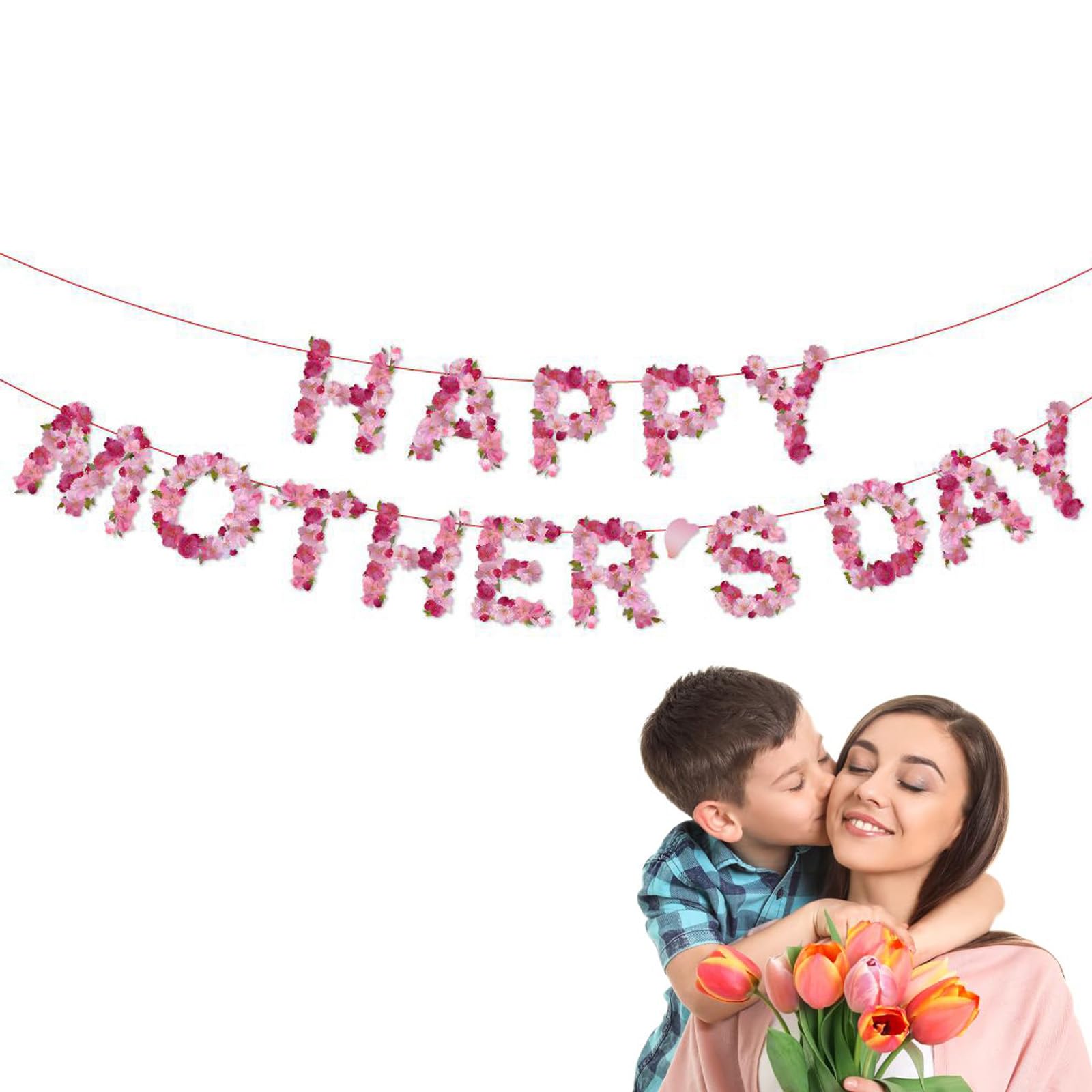 Mothers Day Decorations, Happy Mother's Day Letter Banner Flower Backdrop Bunting Garlands