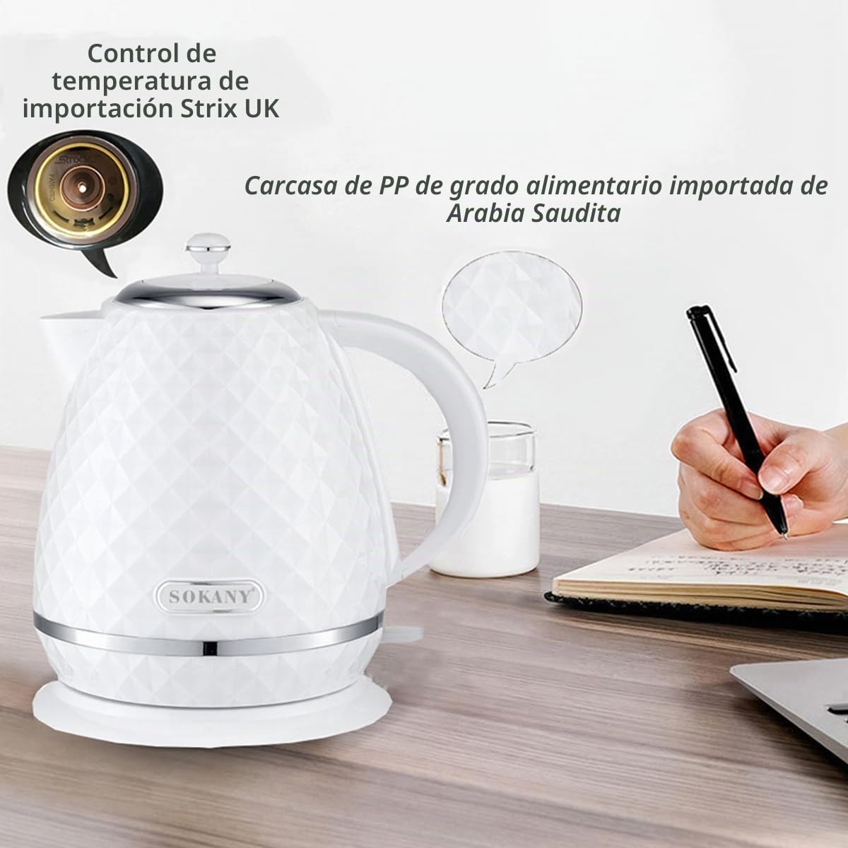 SOKANY SK-1032 2200W Hervidor de Agua Eléctrico, 1,7L Hervidor, Función Apagado Automático, Filtro Extraíble, Indicador Nivel Agua, Base de 360º, Blanco
