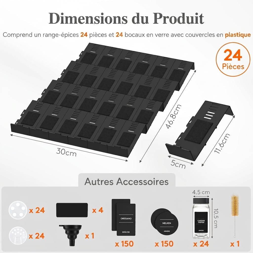 Lifewit Rangement d'Épices pour Cuisine, 24 Pièces avec 24 Bocaux et 250 Étiquettes, Étagère à Pot Epices de Tiroir Colocalisable et Antidérapants, Organisateur Réglable de Stockage, Noir