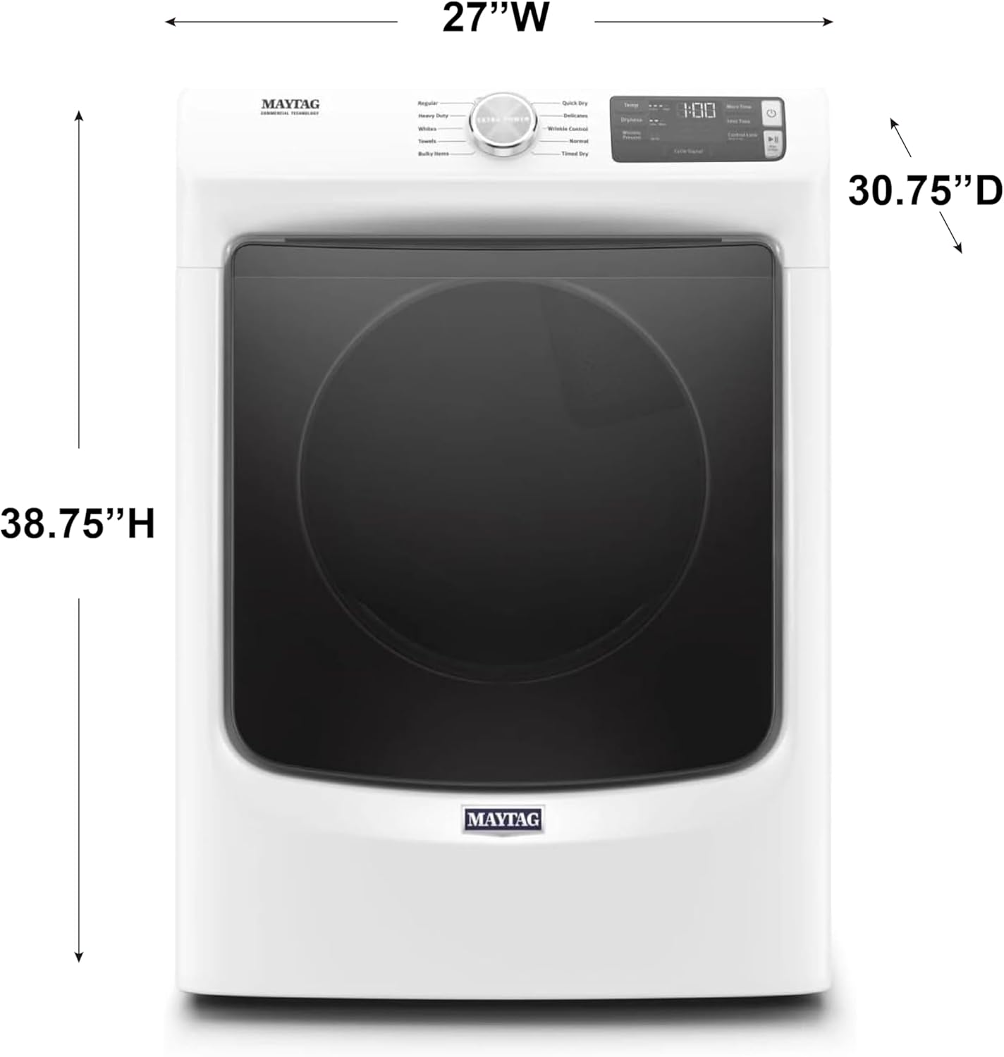 Maytag MED5630HW 27 Inch Electric Dryer with 7.3 cu. ft. Capacity, 10 Dry Cycles, Quick Dry, Advanced Moisture Sensing, Extra Power Boost Button, Wrinkle Prevention, ADA Compliant, White