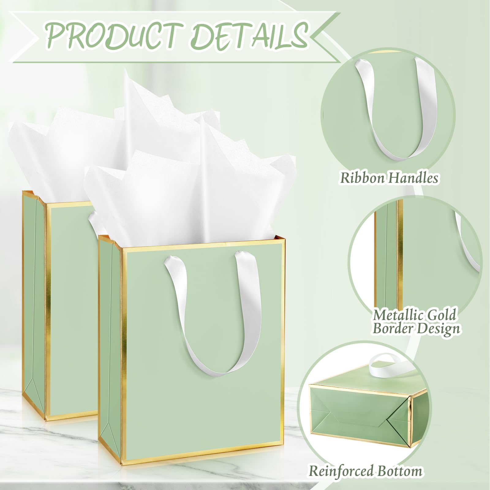 Yeaqee 10 Pack Metallic Paper Gift Bags with Handle Tissue Paper Thank You 5 Senses Gift Bag for Birthday Wedding Baby Shower Groomsmen Bridal Graduation Party Favor 9 x 7 x 3.15''(Sage Green,Gold)