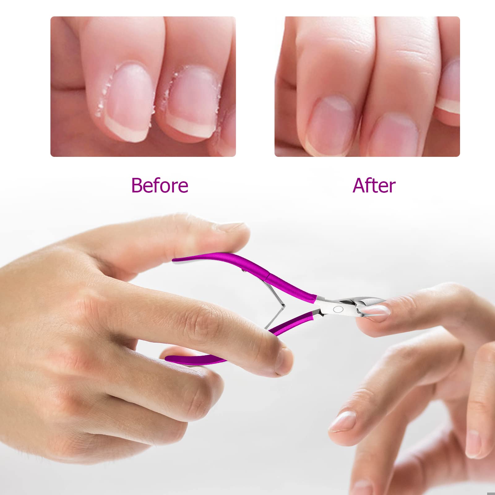 4 Piezas Corta Cuticulas Empujador de Cuticulas, Alicate para Cutículas y Herramienta de Cortador de Cutículas, Pinza de Cutículas Removedor de Cuticulas para Las Uñas de Dedos,Púrpura.
