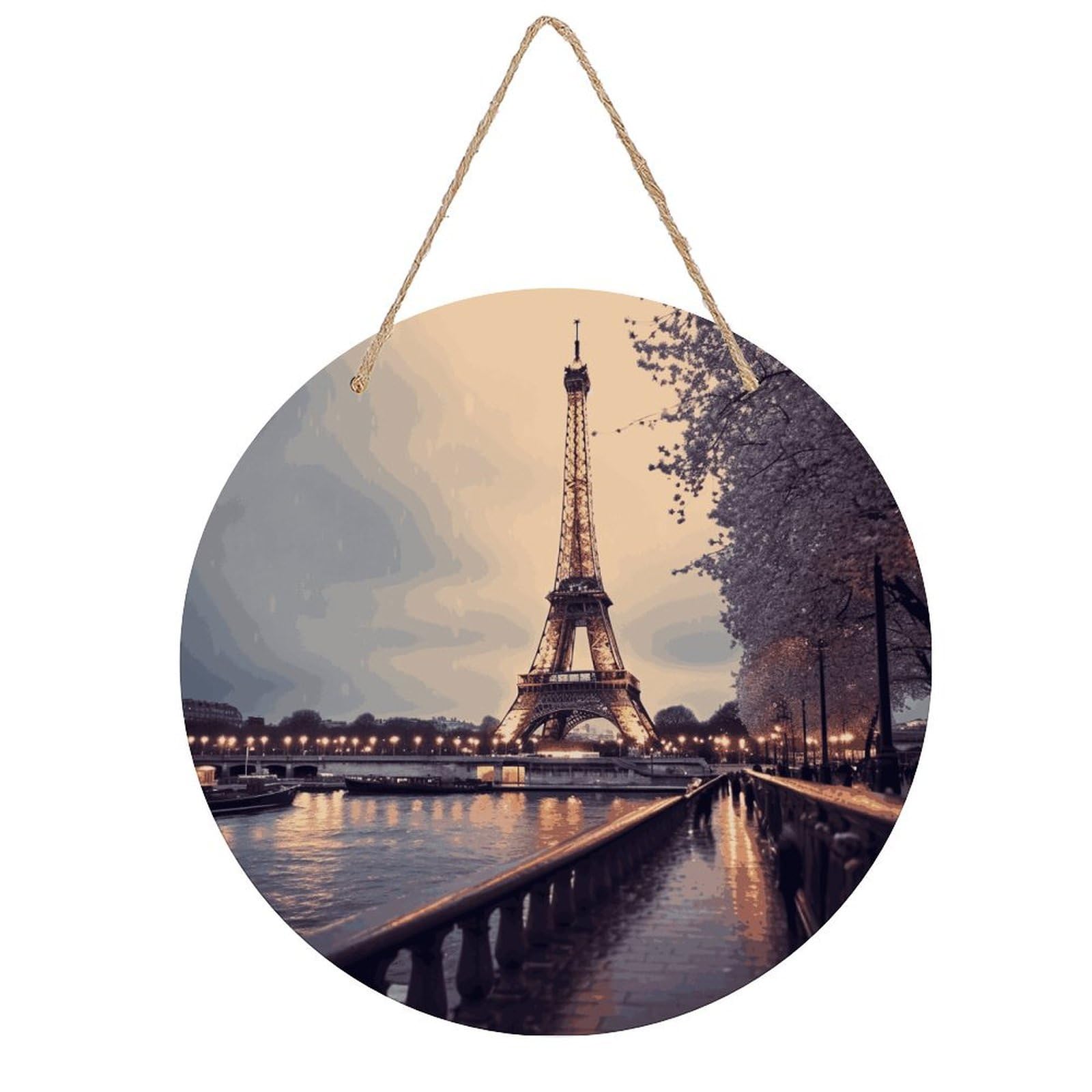 Eiffel Tower Winter Rainy Round Wooden Ornaments Unique Wood Decorative Paintings for Christmas Retro-Style Wooden Door Hanger for Crafts Home Holiday Decor Bar 7.87 Inch