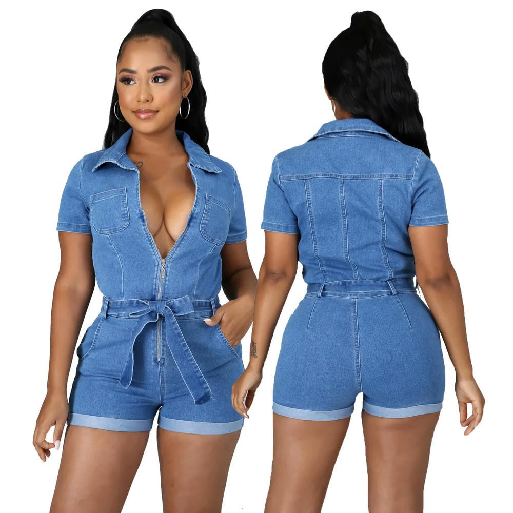JJDFW Denim Bodycon spodenki na co dzień dżinsy ogólny zamek błyskawiczny dekolt w serek krótki rękaw kokarda pasek pajacyki denim krótki kombinezon kobiety