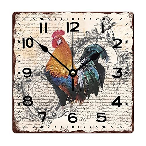 Wooden Wall Clock Rusty Farmhouse Rooster and Chicken Battery Operated Square Wall Clock Decorative Decorative Style Wood Clock Wall Decor Home Decor Clock for Kitchen Kitchen School 12 Inch