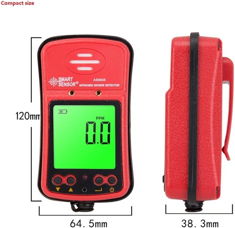 Side-by-side view of the SMART SENSOR AS8906 NO2 gas detector showing its dimensions: 120mm height, 64.5mm width, and 38.3mm depth.