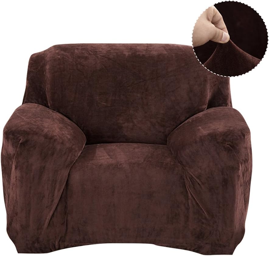 Sofa Covers 1/2/3 Seater Sofa Protector Velvet Easy Fit Elastic Fabric Stretch Couch Slipcover (1 seat : 90cm to 140cm, coffe)