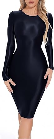 FEOYA Womens Oil Glossy Dress Long Sleeve Shiny Bodycon Dress Smooth Sheer Tight Pencil Dress Club Party