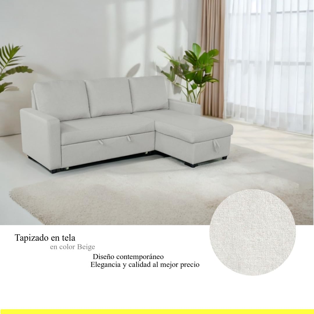 SHIITO | Modelo Play - Sofá 3 Plazas con Chaiselongue y Arcón | Máximo Relax y Confort | 230 x 84 x 96 cm - Color Beige