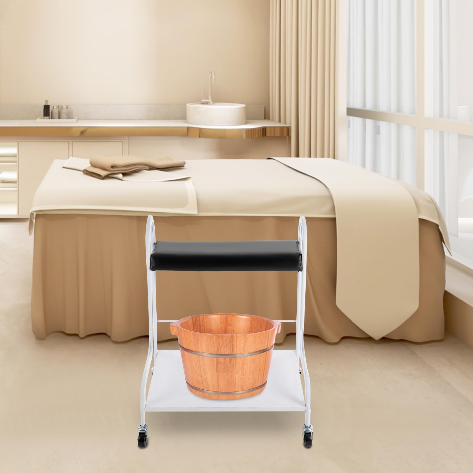 2-stufiger Beauty Salon Fußbadwagen mit Massagepolster, 100 kg Traglast & 4 Rollen – Robuster Maniküre und Pediküre Wagen für Fußbehandlung, Wellness-SPA und Heimgebrauch (Schwarz)