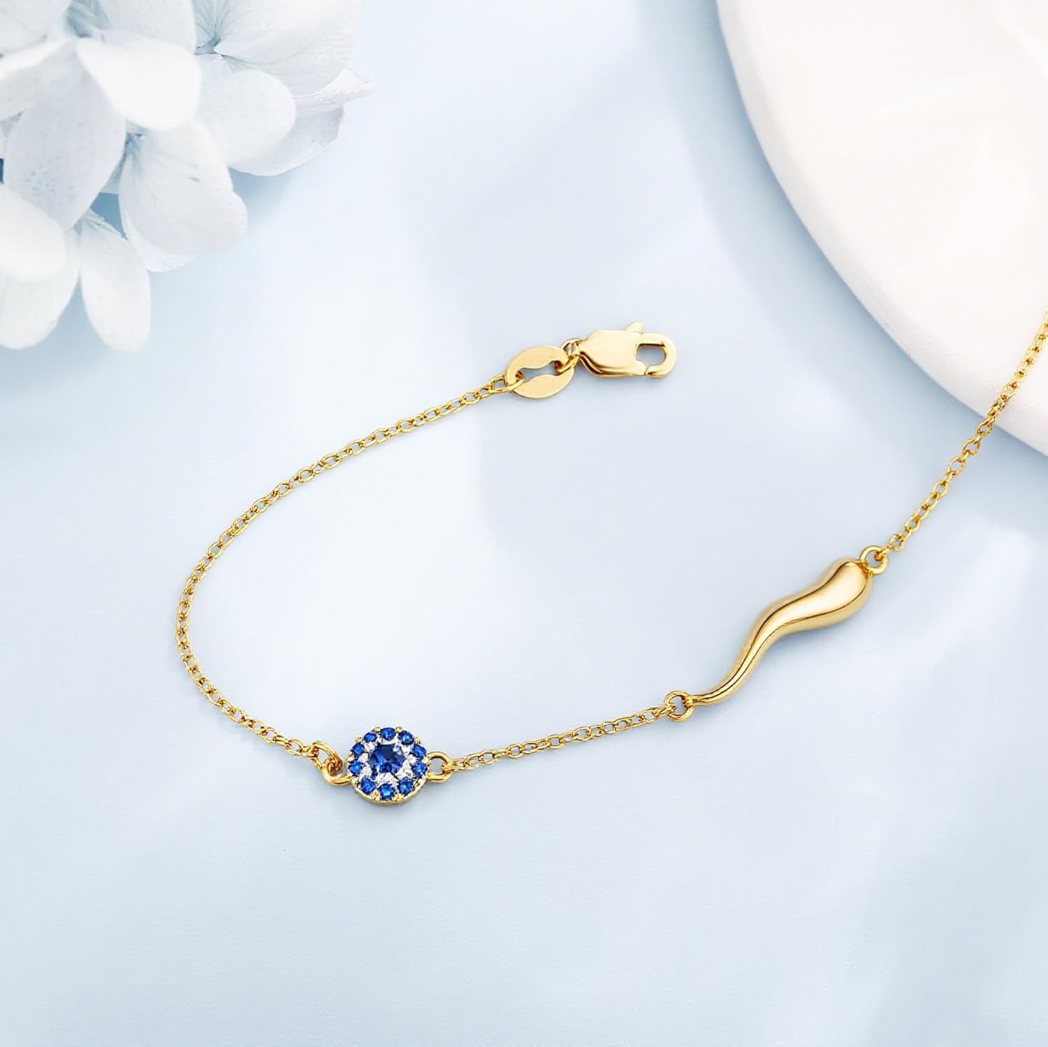 GEHN 14K Solid Real Gold Evil Eye Italian Horn Bracelet Gold Italian Horn Blue Evil Eye Link Bracelet Cornicello Good Luck Jewelry for Women Wife Mom