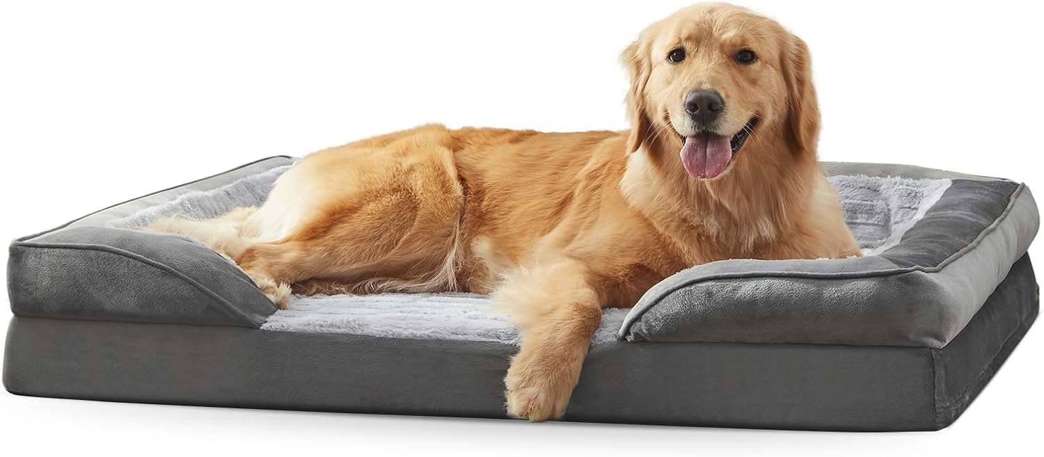 Pawk Large Dog Bed Orthopedic Memory Foam Dog Bed(50lbs), Waterproof Dark Gray with Skin Friendly Plush Liner, Orthopedic Bed for Pain Relief & Healthy Sleep, Pet Sofa, 89x64x16cm