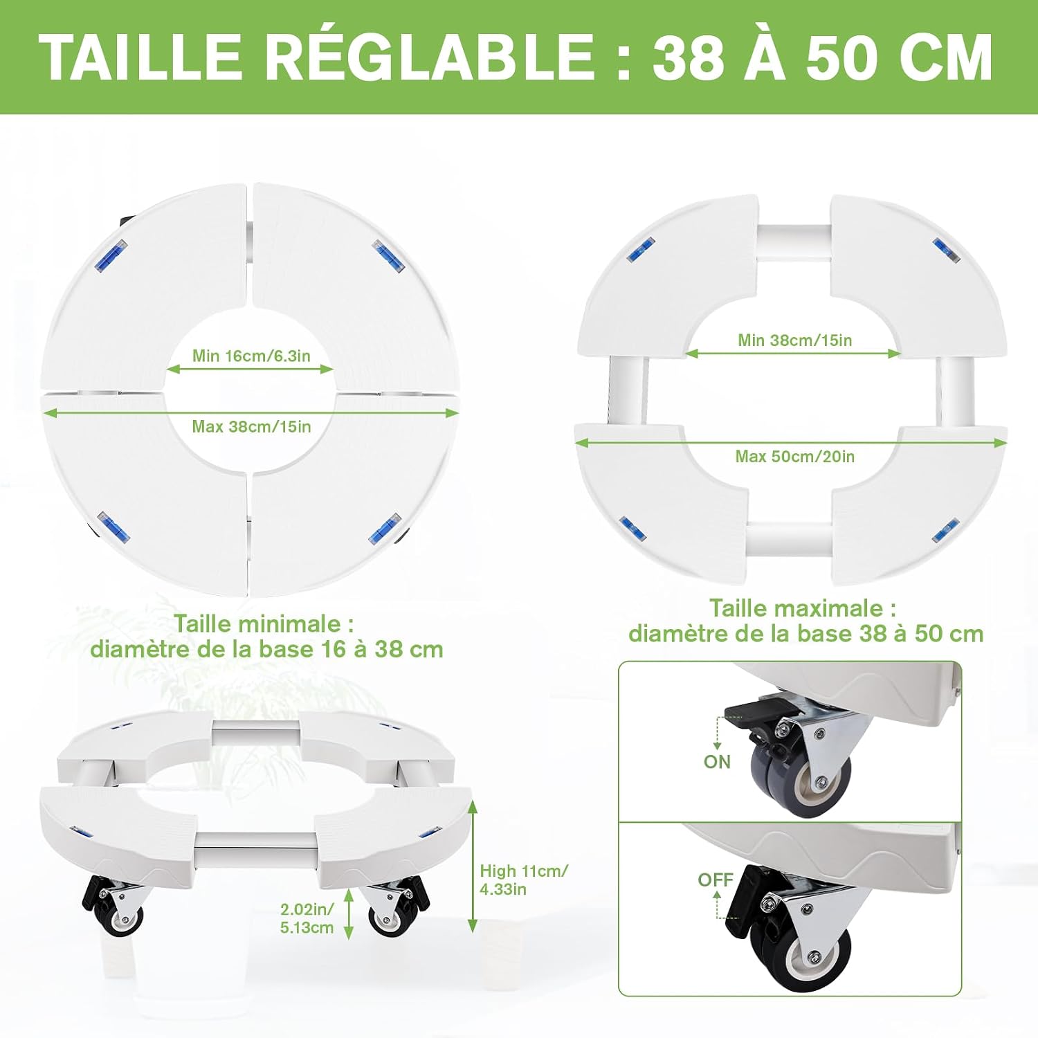 DEWEL Support Roulette Porte Plante a roulettes Réglable 38-50cm pour Pot de Fleur, Plante, Pied de Parasol, Plateau Roulant pour Intérieur à Extérieur, Capacité de Charge 200 kg — vue 4
