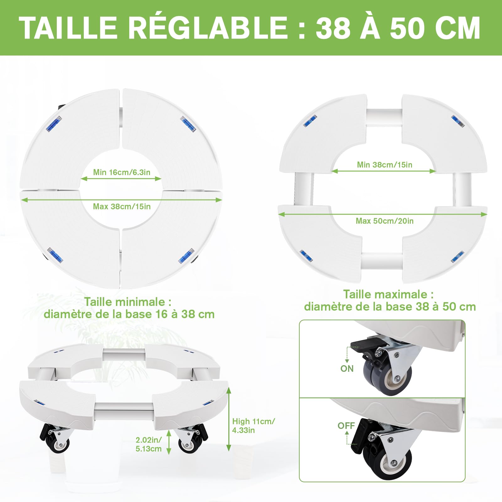 DEWEL Support Roulette Porte Plante Réglable 38-50cm, Capacité de Charge 200 kg