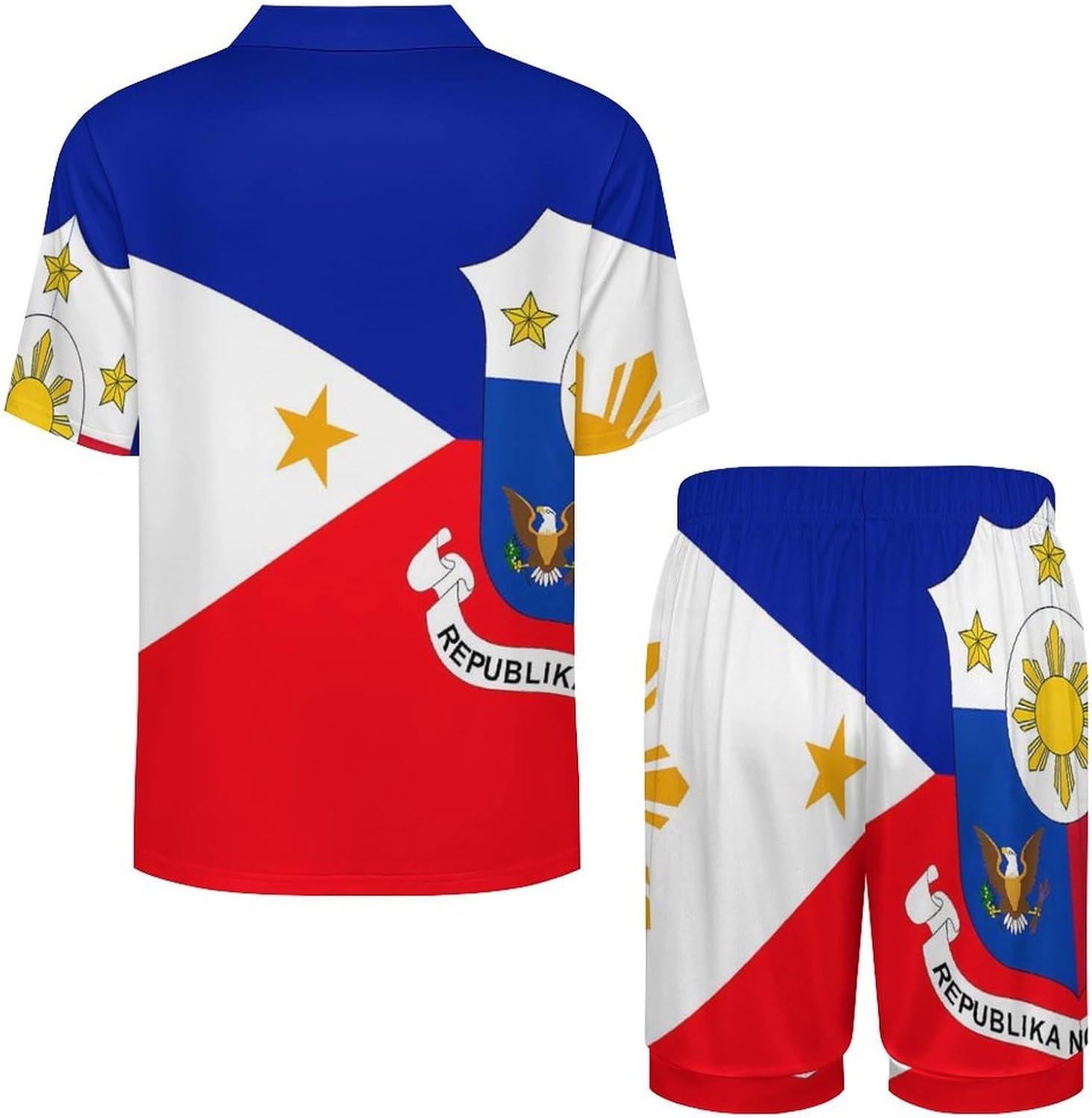 Filipino Philippine Flag National Emblem Men's Short Sleeve Pajama Set Satin Silk Like Lounge Sleepwear