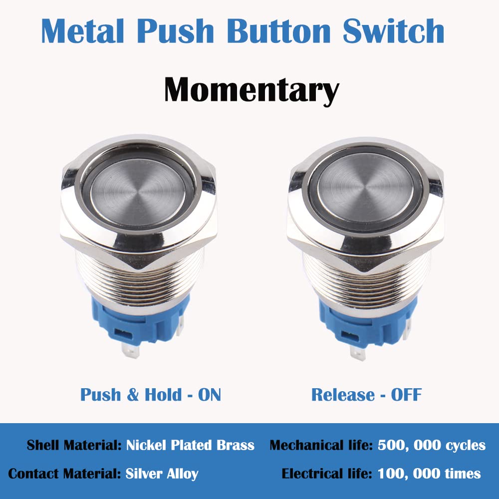 5pcs 19mm Metal Momentary Push Button Switch 12V-24V (ON)-Off 1NO 1NC 3/4" Mounting Hole Waterproof Plug in Halo Ring LED Red Light
