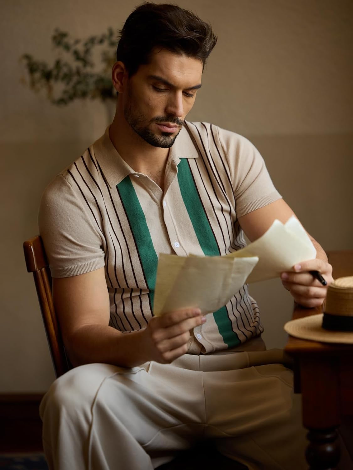 Les umes Men's Knit Polo Shirts Short Sleeve Button Down Shirts Striped Summer Beach Casual Shirt - Image 3