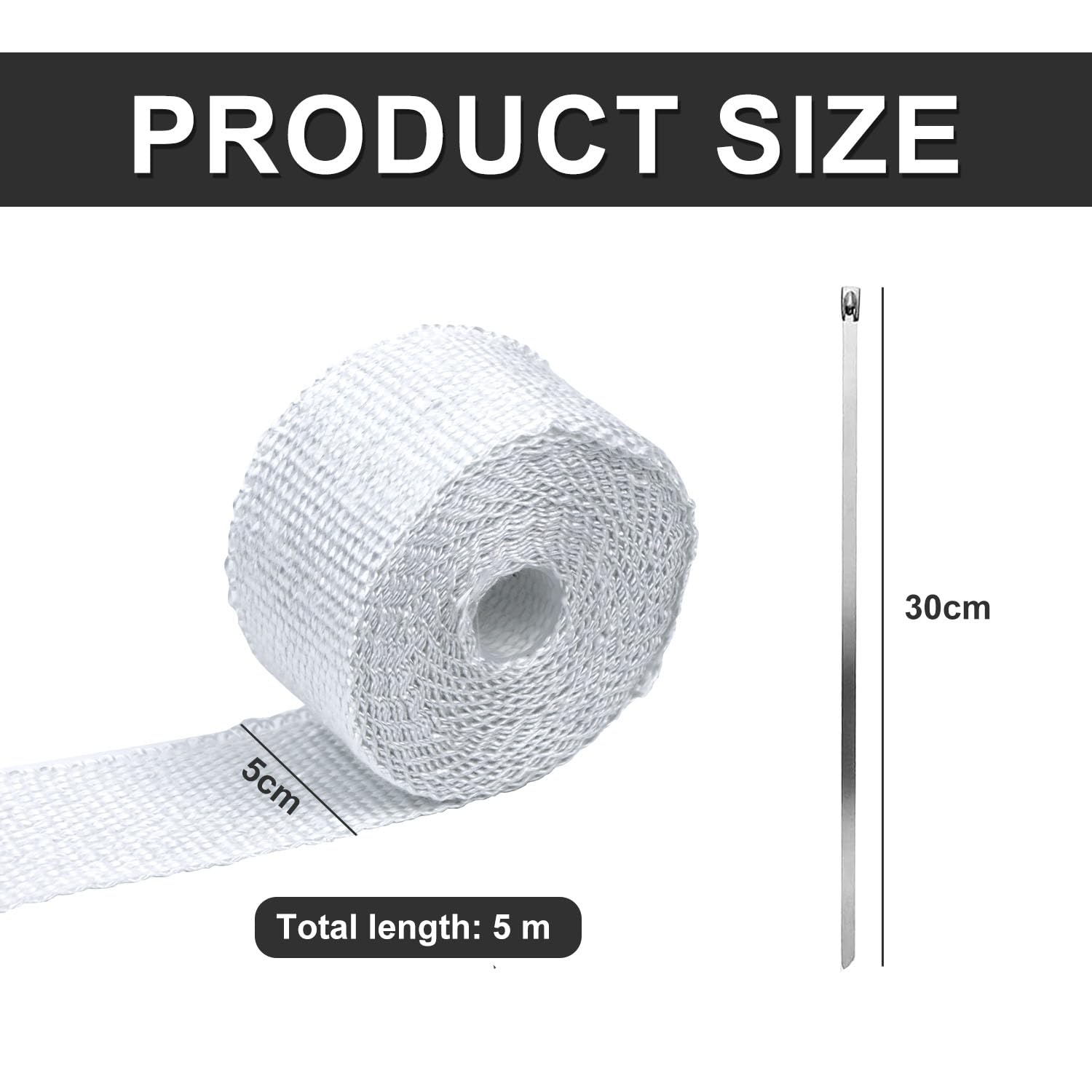 Nastro Isolante Termico, 5m x 5cm Nastro Termico Isolante con 2 Fascette Moto Nastro Benda Isolamento Termico Collettori di Scarico per Collettori di Scarico Moto e Auto, 1 Pezzi, Bianco