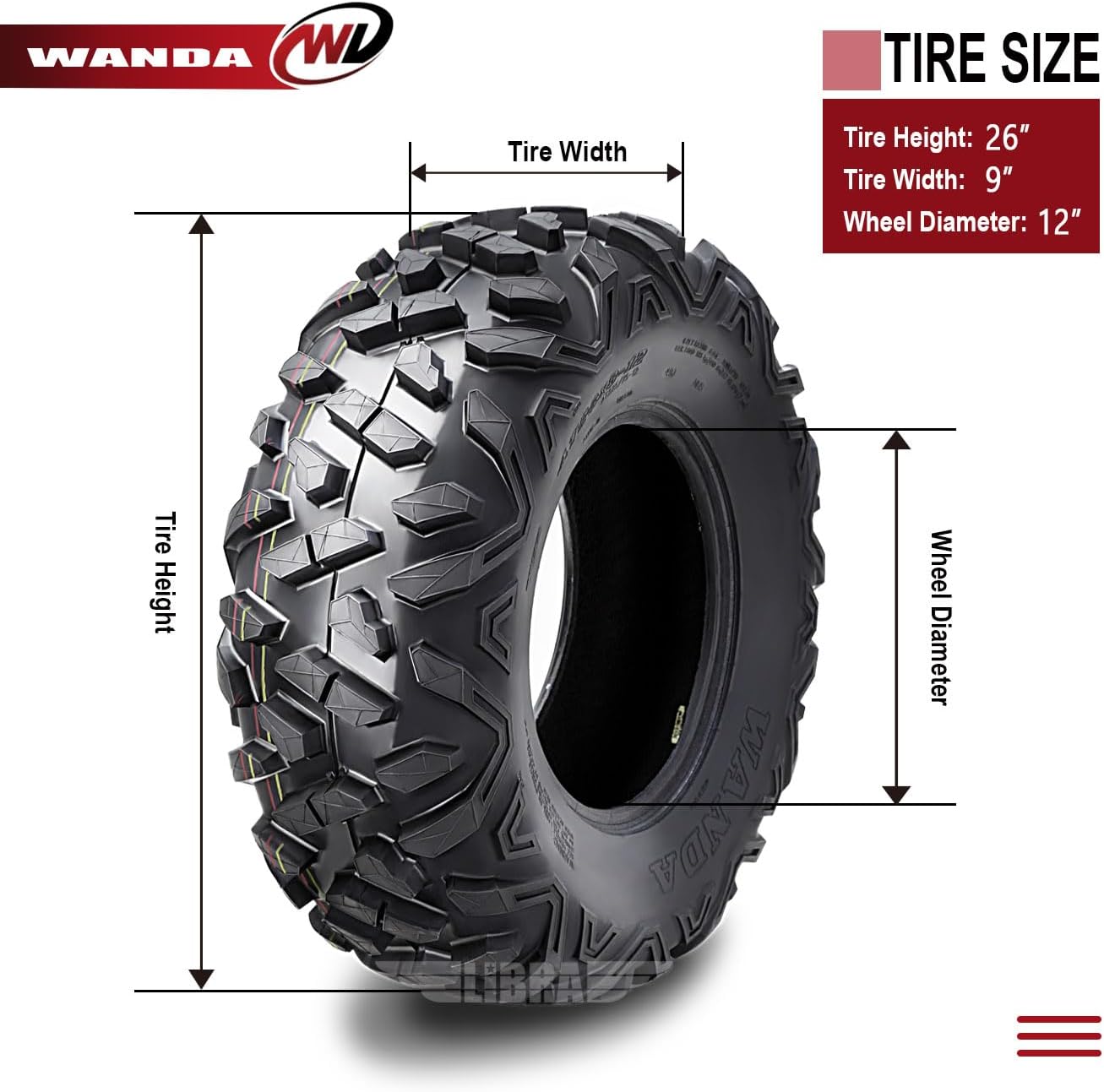 WANDA (2) 26x9R12 Radial ATV Front Tire Set for 2017 Polaris Ranger 1000 Crew/XP