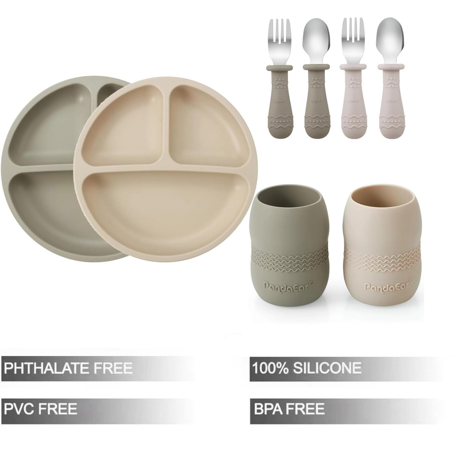 PandaEar Ensemble de Repas en Silicone pour Tout-Petits | 2 Assiettes à Ventouse Divisées en Silicone et 2 Petites Tasses avec 2 Cuillères et 2 Fourchettes | Ustensiles pour Diversification Alimentair