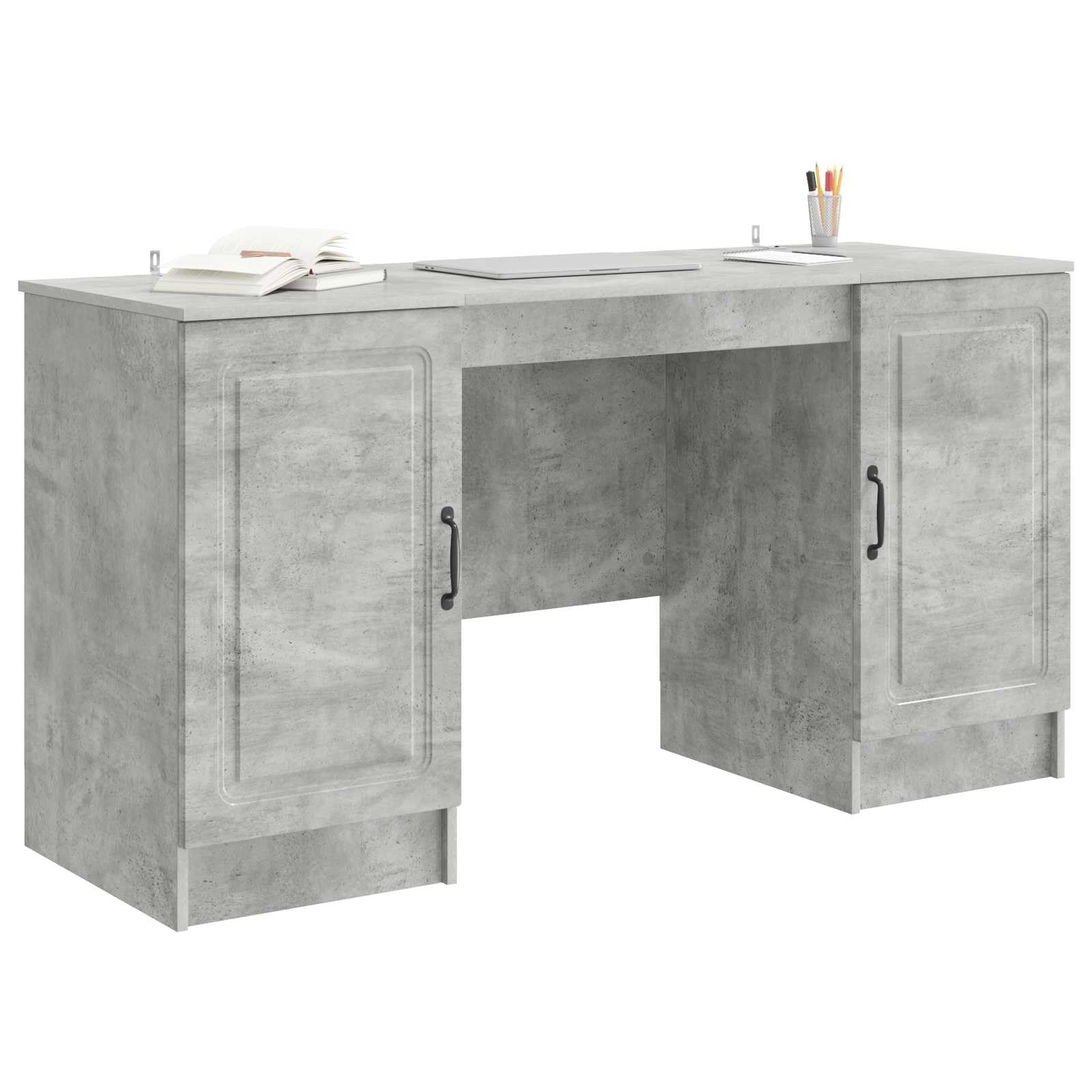 Scrivania con Libreria Grigio Cemento 142,5x50x75 cm | Mobile porta PC salvaspazio per studio e ufficio con quattro ante e ripiani interni per organizzare documenti.