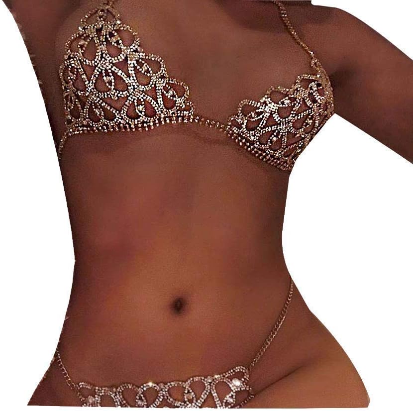 Women Sexy Rhinstone Underwear Body Chain Crystal G-String Belly Waist Chain Shinny Mini Thong Night Jewelry Sparkly Panties (Heart Pattern)