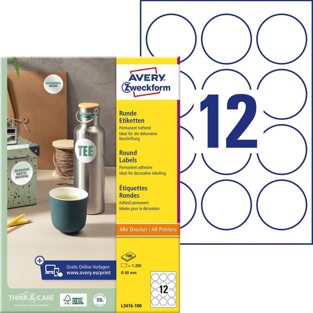 AVERY Zweckform L3416-100 runde Etiketten (zum Bedrucken, selbstklebend, Ø 60 mm, A4, 1.200 Aufkleber auf 100 Blatt, Klebepunkte zum Kennzeichnen von Unterlagen, Produkten) weiß