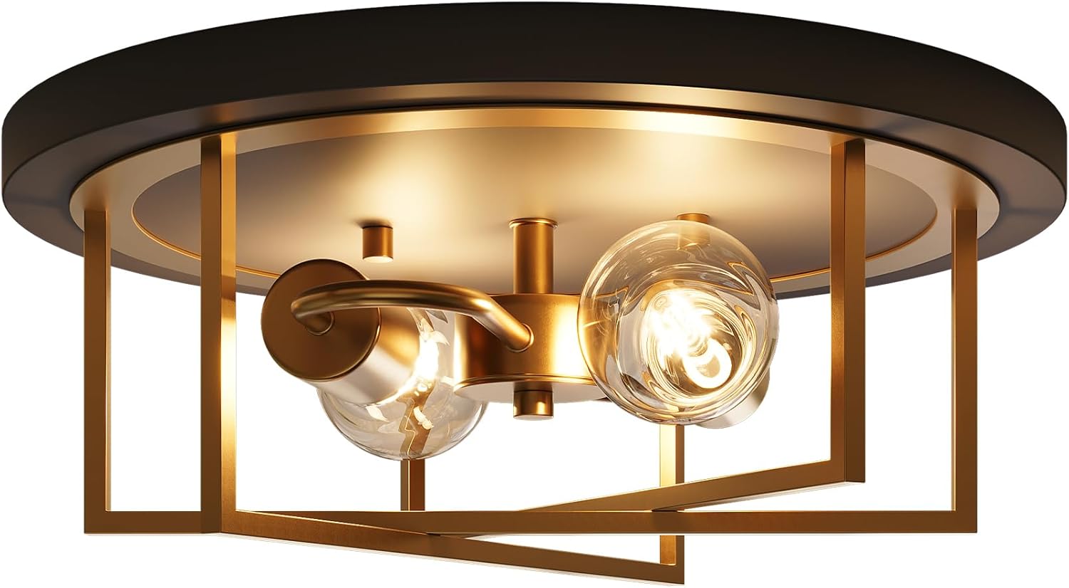 Tribesigns Metal Flush Mount Ceiling Light Fixtures, 2-Light Ceiling Mount for Farmhouse with Gold Lines Design, Industrial Kitchen Ceiling Light, E26 Bulbs, Hallway, Entryway and Foyer