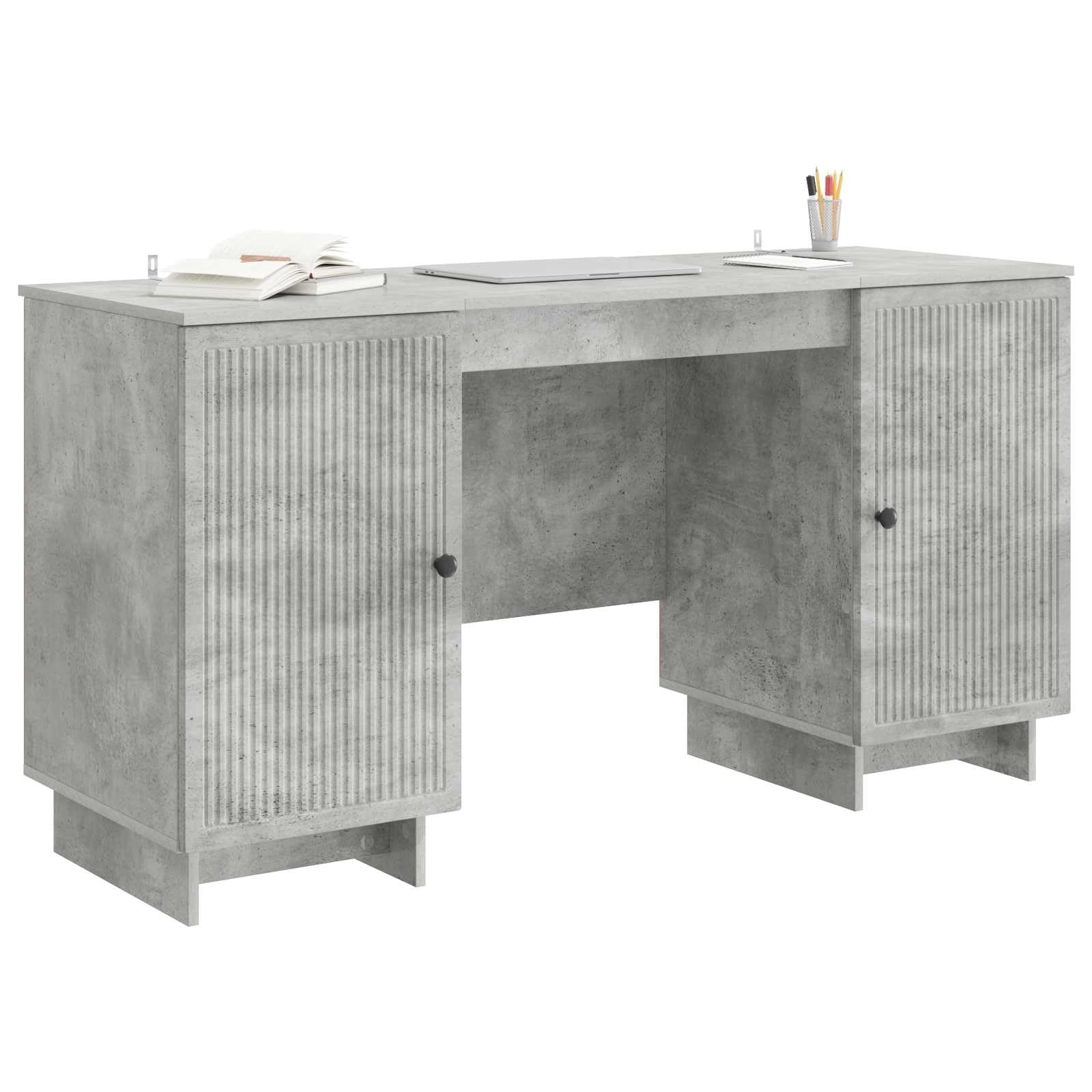 Biurko betonowo-szare drewno 142,5 x 50 x 75 cm z miejscem do przechowywania, zarządzaniem kablami i półką do domowego biura, gabinetu, pokoju młodzieżowego, salonu, gier, nauki