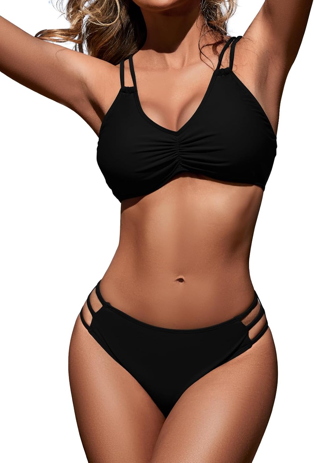 Zilcremo Women Two Piece Bikini Double Strap Swimsuits Hollow Out Bathing Suit Mid Waist Bikini Sets