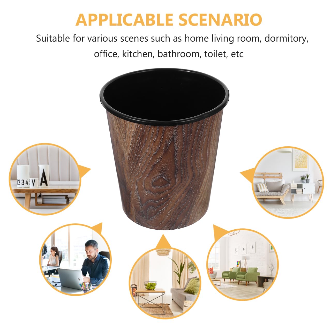 Wood Grain Trash can 1.8 Gallon Plastic Wastebasket Open Top Small Round Garbage Bin for Home Office Bathroom Living Room Imitation Wood Style