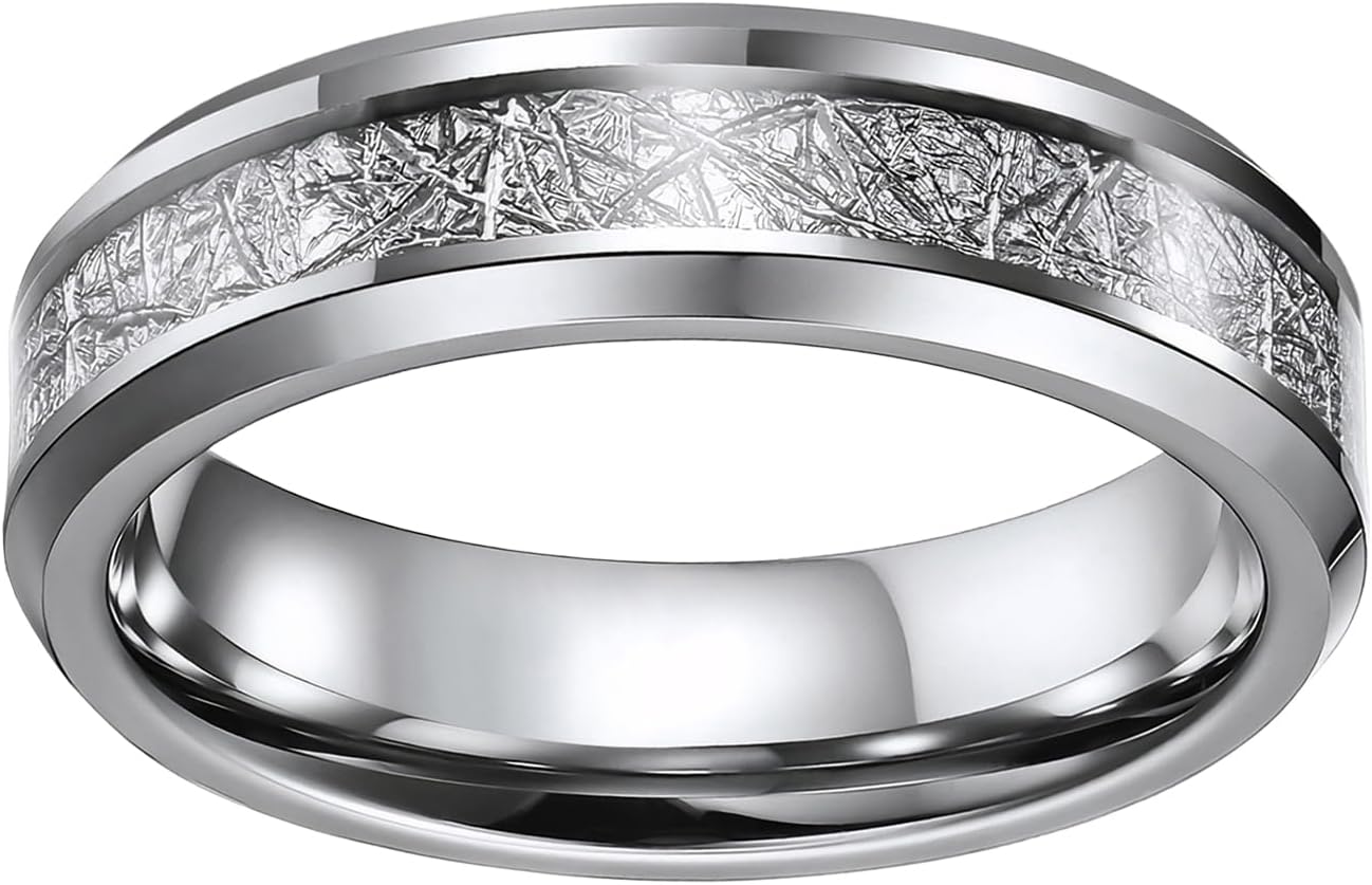 Men's Tungsten Rings Wedding Bands for Men Women 6MM Silver Meteorite Inlay Wedding Engagement Band Tungsten Carbide High Polished Beveled Edge Promise Ring Jewelry Gifts Comfort Fit Size 6-12