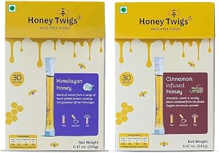 Honey Twigs - Pure Honey Sticks Pack | Pure Himalayan & Cinnamon Flavoured Combo - 60 Count (30 straws each) | 100% Natural, On the Go, Mess-Free