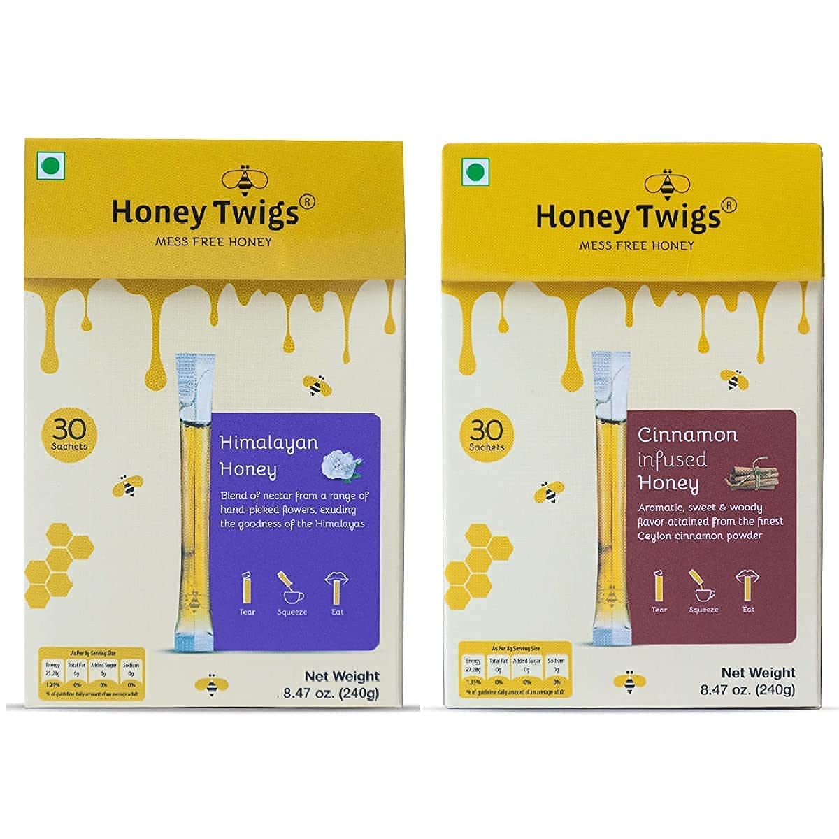 Honey Twigs - Pure Honey Sticks Pack | Pure Himalayan & Cinnamon Flavoured Combo - 60 Count (30 straws each) | 100% Natural, On the Go, Mess-Free